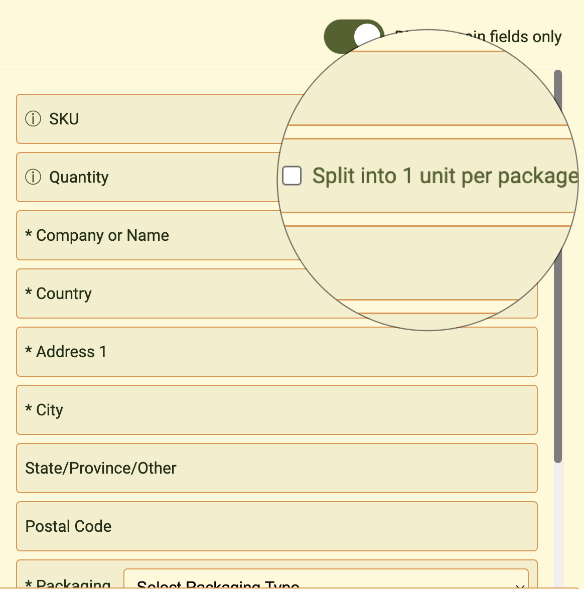 Order Splitting Feature