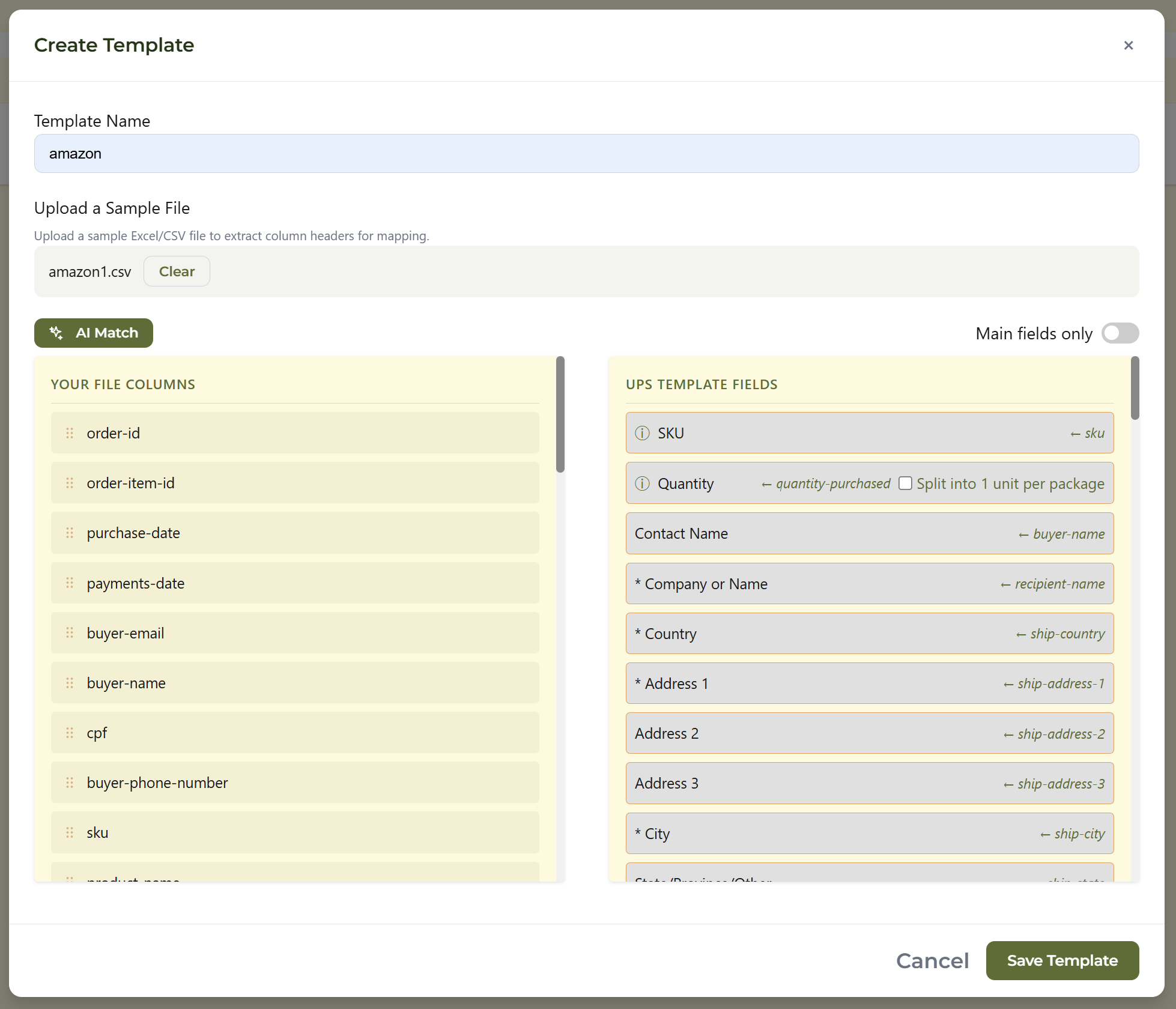 AI Match feature automatically mapping spreadsheet columns to UPS batch fields